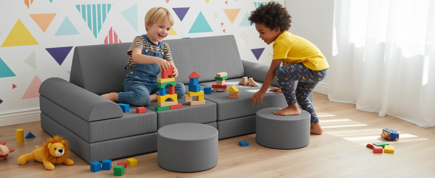 Модульна дитяча кушетка-конструктор MAMIZO Spielsofa Cord, 15 елементів, сірий колір. Кушетка для ігор та відпочинку, екологічна тканина Oeko-Tex, для дитячої кімнати.