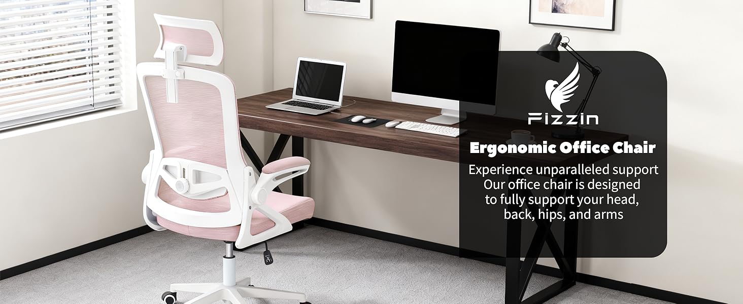 Ергономічне крісло для офісу Fizzin, комп'ютерне крісло з регульованою поперековою підтримкою, дихаюча сітчаста спинка, посилене сидіння, зручне крісло для дому та офісу (рожеве)