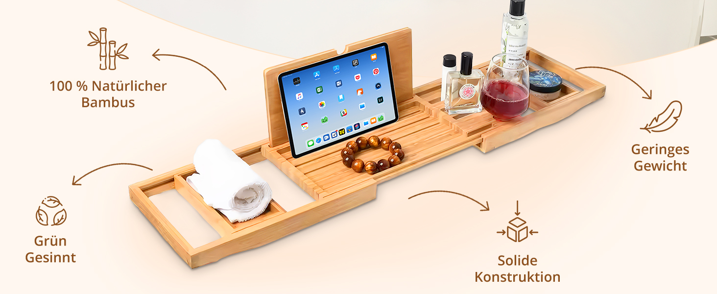 Підставка для ванни ADOV з бамбука, розширювана, з місцем для телефону, книги, напоїв та свічки. Підходить для більшості ванн