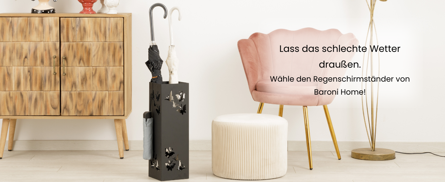 Підставка для парасольки Baroni Home з сучасним дизайном, чорна, з металу, з декоративною різьбою у вигляді метеликів, з гачками та висувним підносом. Підходить для вітальні, коридору та офісу. Розміри: 15,5x15x9 см