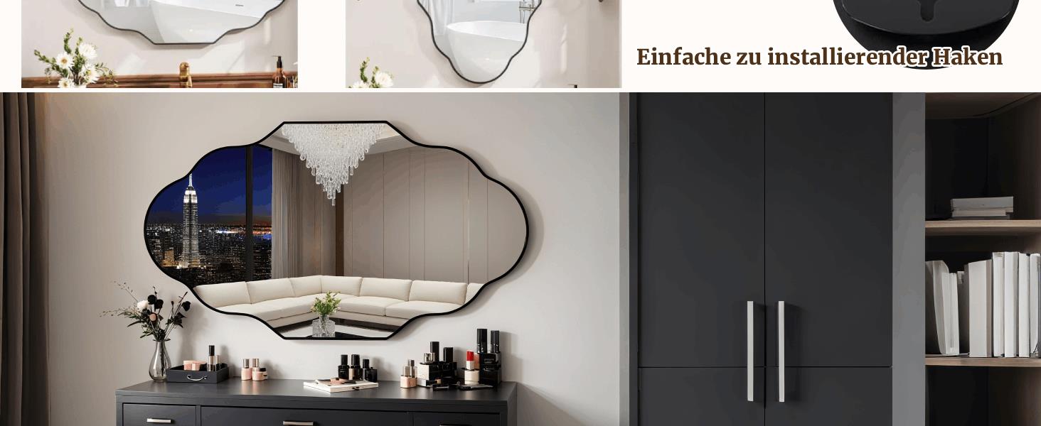 Дзеркало настінне Clevich Asimetrisches 66x116 см з алюмінієвою рамою, скло HD, чорний колір, для ванної кімнати, вітальні, спальні