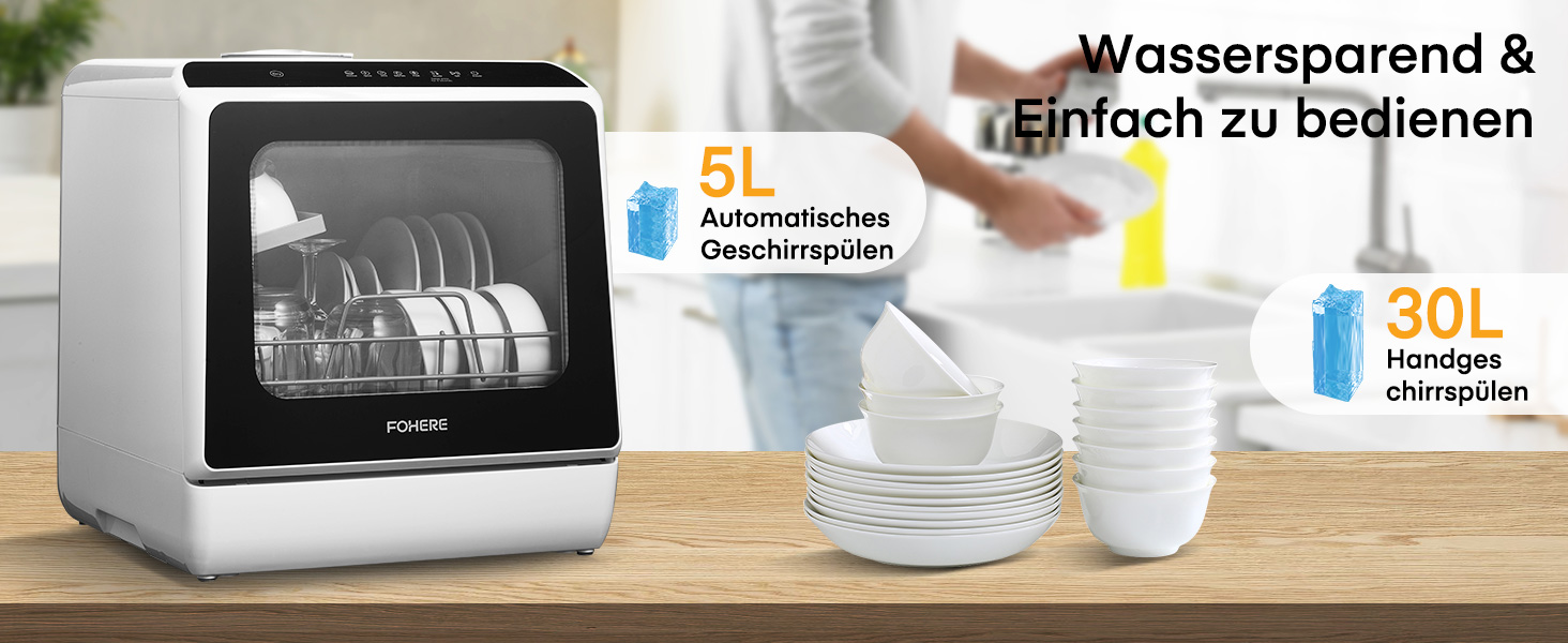 Посудомийна машина Fohere компактна 5л з таймером відкладеного старту (6 годин), 6 програм, для кухні, кемпінгу, автодому