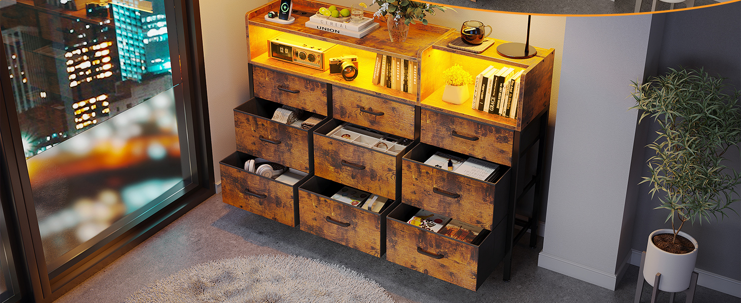 Комод ODK з шухлядами, 2 розетки, 2 USB, 10 LED-смужок, полиця-стільниця, 9 тканинних шухляд, чорний (ретро стиль), 130x30x97 см