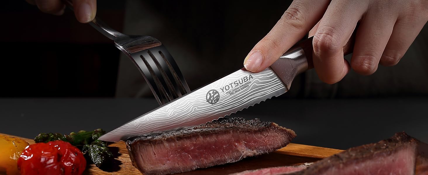 Набір кухонних ножів YOTSUBA Profi з дерев'яним блоком та точилкою, ножиці, набір кухонних ножів з нержавіючої сталі, набір кухонних ножів для кухні (ніж для стейка - 6 шт)