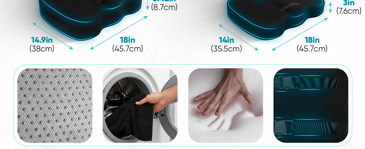 Подушка для сидіння та попереку FORTEM XL - м'яка підтримка для офісного, ігрового крісла та авто. Memory Foam, сітка, чорний колір