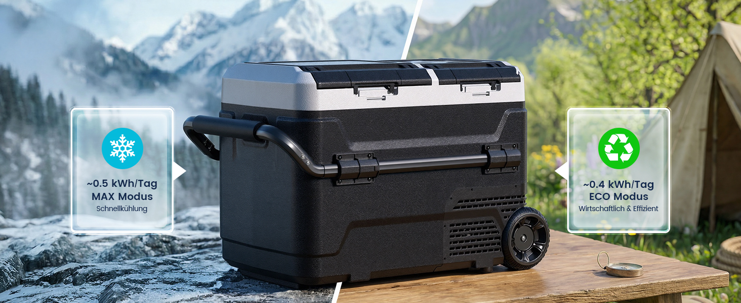 Автомобільний холодильник KROAK з Bluetooth, 50л: 2 зони охолодження (-20°C/+20°C), 12/24/230V, колеса, тихий (45дБ) для авто, кемпінгу, каравану
