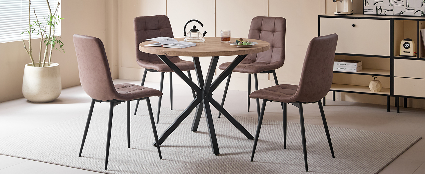 Обідній комплект на 5 персон: круглий стіл 100 см та 4 стільці (голландський фліс). Підходить для кухні, вітальні, балкону, ресторану, офісу. Темне дерево + світле дерево (темно-коричневий)