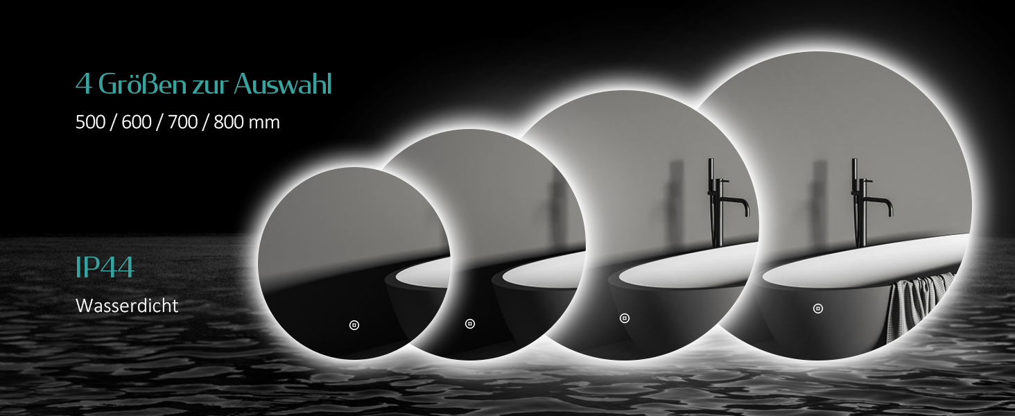 Дзеркало для ванної кімнати EMKE з підсвічуванням, діаметр 50 см, регульоване холодне біле світло, функція пам'яті, сенсорне керування, IP44, енергозберігаюче, заднє підсвічування