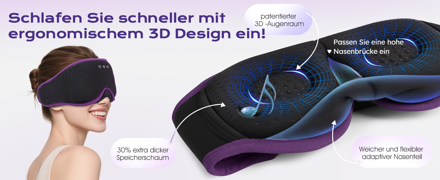 Маска для сну 3D Bluetooth з навушниками LC-Dolida для жінок та чоловіків, повна світлоблокада, комфорт на всю ніч. М'які навушники для сну під час подорожей, в ліжко (фіолетова)