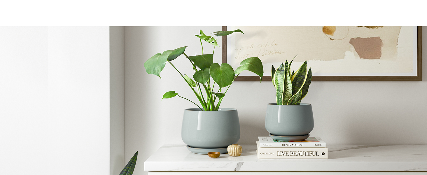 Керамічні горщики LE TAUCI з підставкою, 10+13+16 см, набір з 3 горщиків для кімнатних рослин, з дренажним отвором, реактивна глазур (блакитно-сірий)