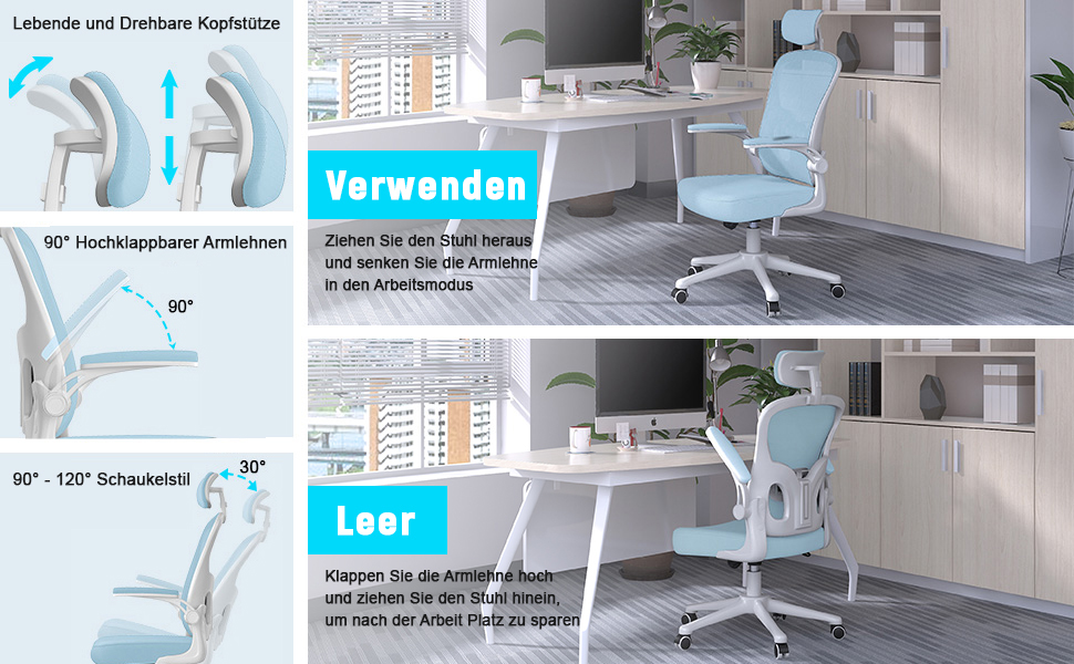 Ергономічне офісне крісло Naspiro з сітчастою спинкою, регульованими підлокітниками, підголівником, поперековою підтримкою, регулюванням висоти, поворотним механізмом 360°