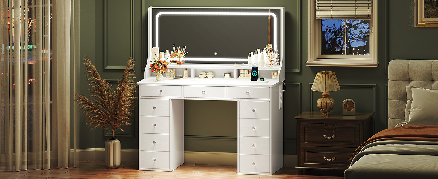 Діплекс туалетний столик з підсвіткою, 110 см, з 11 шухлядами та LED-дзеркалом, білий. Сучасний туалетний столик для спальні та гардеробної