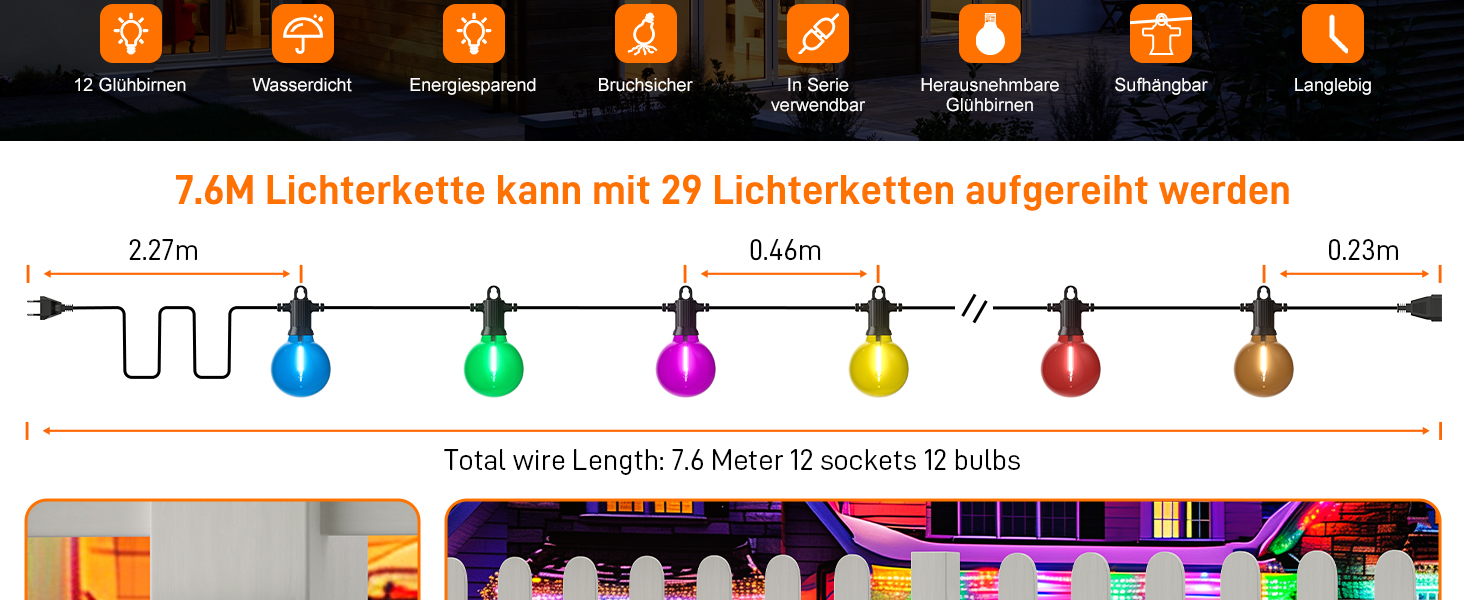 LED гірлянда Kawaya для вулиці 7.6м, 12 кольорових лампочок, IP65, для саду, балкону, вечірок