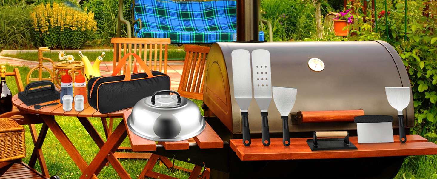 Набір гриль-посуду, аксесуари для гриля BBQ з пресом для бургерів, шпатель, лопатка для бургерів, прес для Smash Burger, аксесуари для Plancha, гриль Teppanyaki, для приготування на відкритому повітрі та в приміщенні (18 предметів), чорний