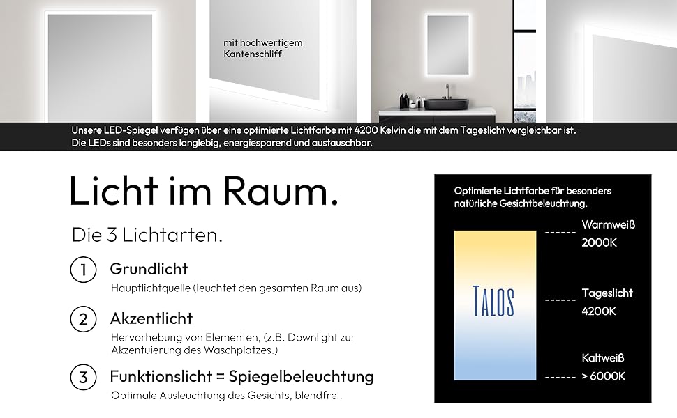 Дзеркало для ванної кімнати Talos з підсвічуванням 50x70 см - LED дзеркало з світловою рамкою, вологостійке (алюмінієва рама), нейтральний білий світ (4200K)
