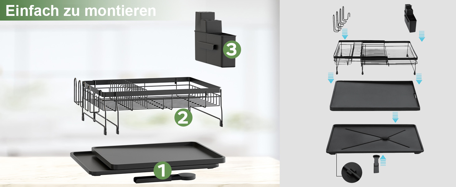 Сушарка для посуду ROTTOGOON розширювана, чорна: складана стійка з нержавіючої сталі, зливний жолоб та відділення для столових приборів