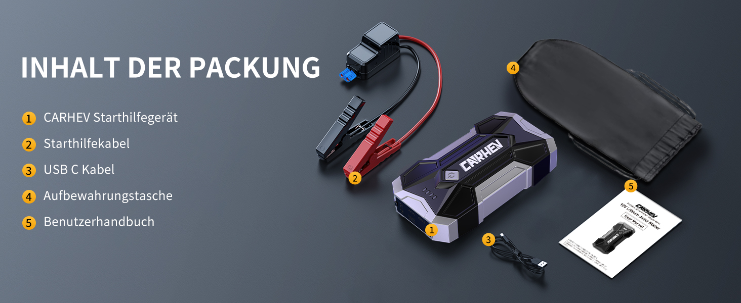 Бустер CARHEV Jump Starter 4500A — Пусковий пристрій для автомобіля (бензин/дизель до 8.0л), Powerbank з LED-ліхтарем та USB-портами