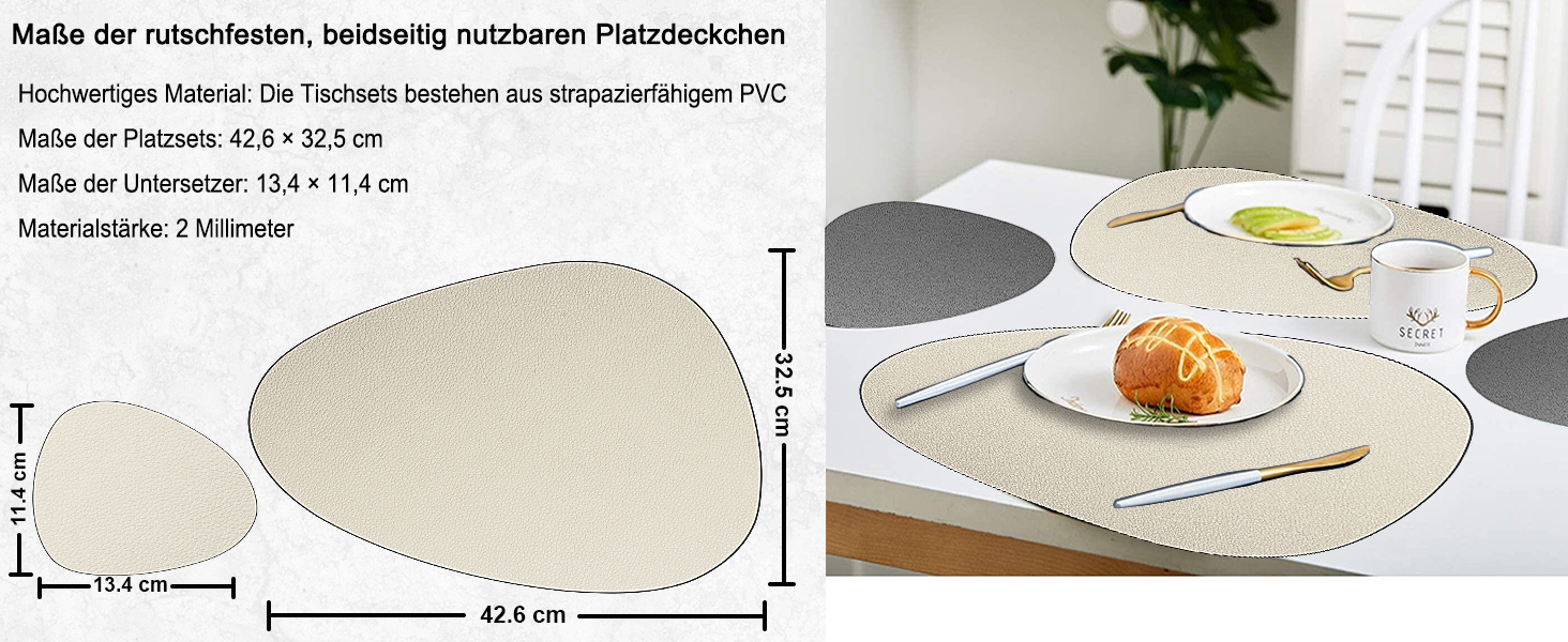 Набір з 6 підставок під тарілки, миючіся з підставками, двосторонні, з імітацією шкіри, водонепроникні для столу, кухні, ресторану та дому (6 шт., бежево-сірі)