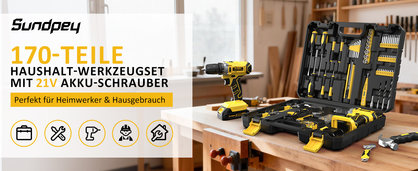 Набір інструментів Sundpey 170 предметів з акумуляторним дрилем-шуруповертом 21V, 2.0Ah, жовтий кейс для дому та ремонту