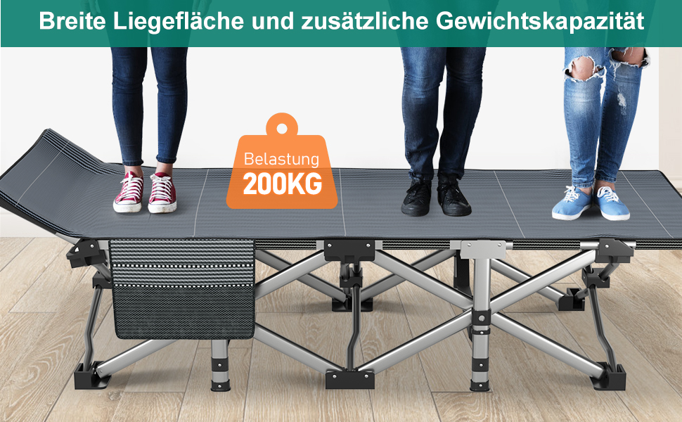 Розкладне кемпінгове ліжко з матрацом та кишенями, сталевий каркас, навантаження до 200 кг, 190x71x36 см, сіре — для кемпінгу, саду та офісу