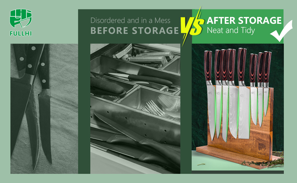 Японський набір ножів Fullhi 15 предметів з магнітним підставкою, з високоякісної сталі, ергономічні ручки, для професійної та домашньої кухні