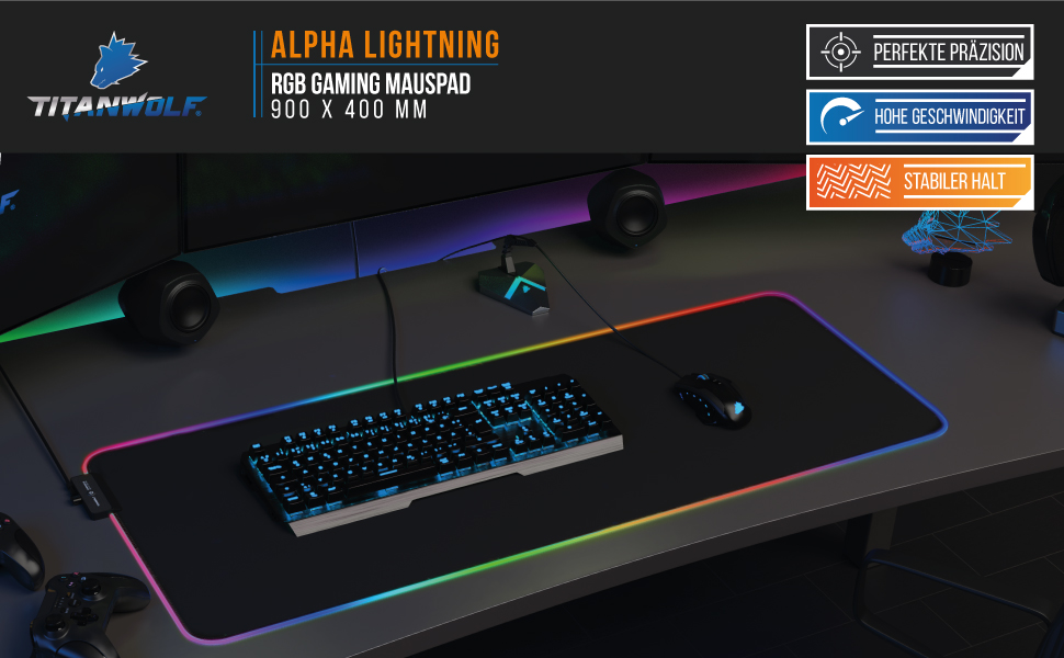 Кисмат TITANWOLF XXXL RGB ігровий килимок для миші – 1200 x 600 мм, LED, 7 кольорів, 4 режими, гумова основа, миється (Black Pro)