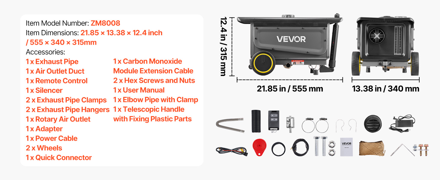 Дизельний обігрівач VEVOR 8 кВт, 12/24V, портативний з Bluetooth, пультом та LCD, 5л бак для вантажівок/автобусів