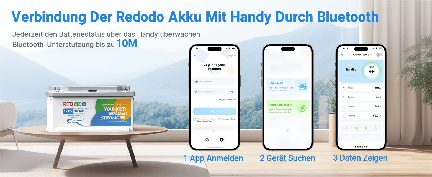 LiFePO4 акумулятор Redodo 12V 100Ah для підсидіння з Bluetooth та Smart BMS 100A, DIN H8/L5 (H190)