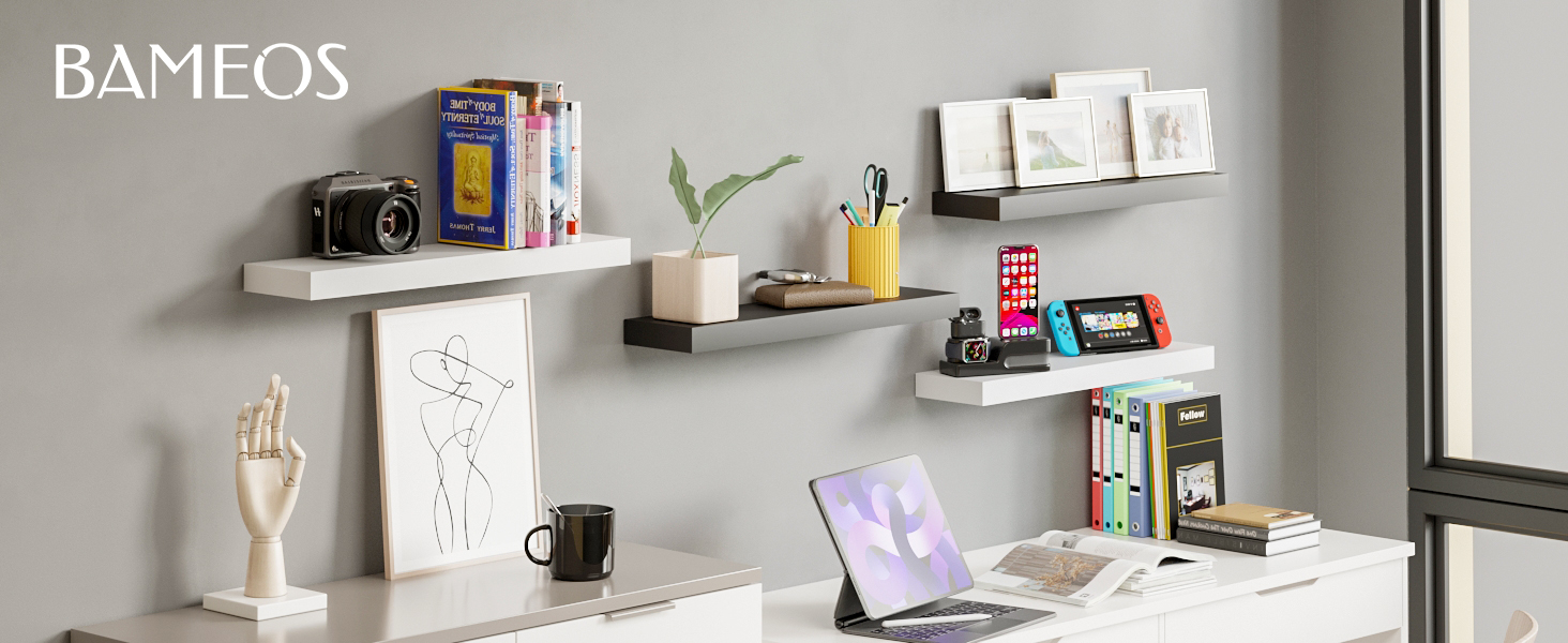 Полиці настінні BAMEOS, комплект з 2 шт., 60x14.7 см, чорні - декор для ванної, кухні, вітальні, спальні