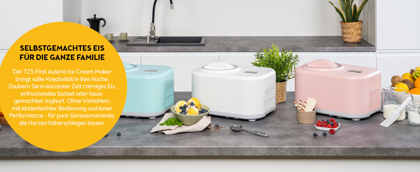 Електрична машина для приготування морозива TZS First Austria 1L з компресором 3 в 1 - для морозива, сорбету та замороженого йогурту, з мірним стаканом та лопаткою, рожева