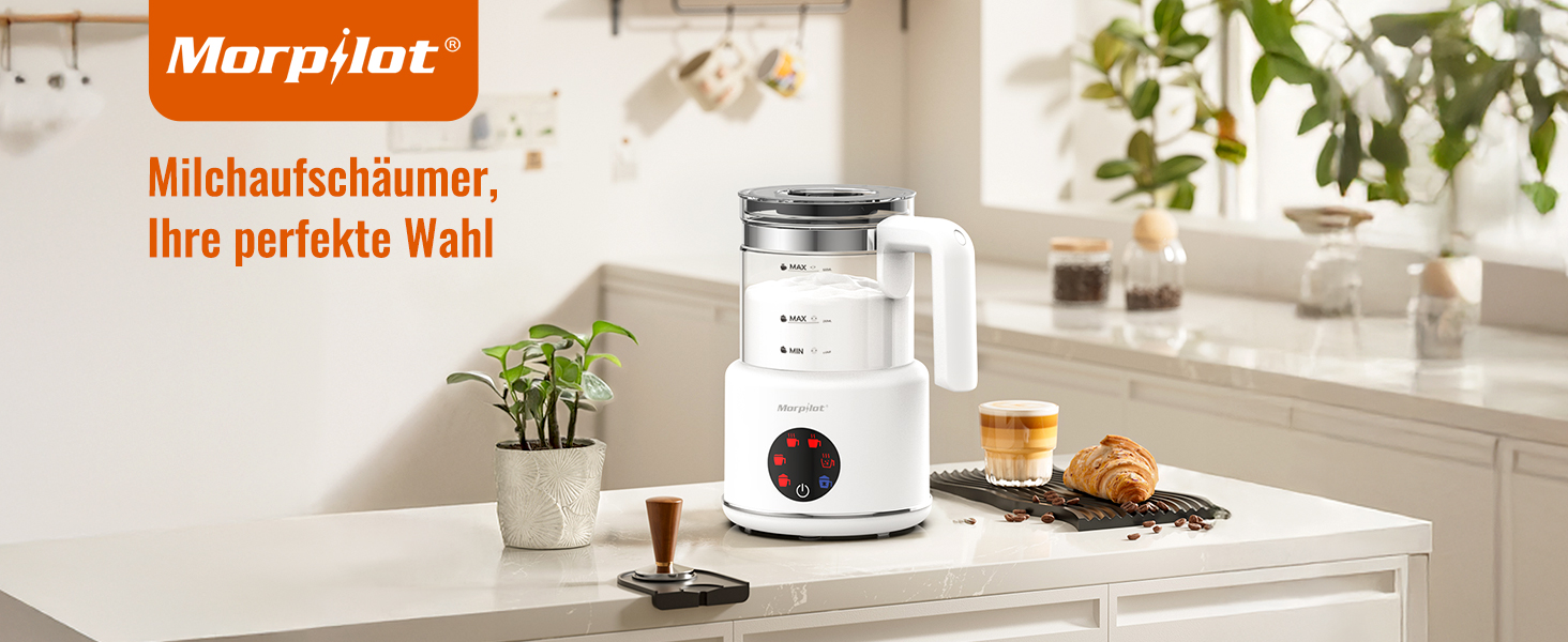 Електричний спінювач молока Morpilot 6-в-1: для капучіно, лате, гарячого шоколаду, 130-500мл, 600W, скляний, для миття в посудомийній машині