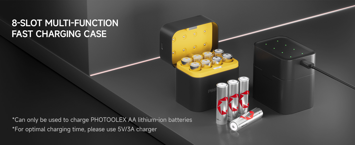 Набір акумуляторів PHOTOOLEX AA (8 шт) з зарядним пристроєм та кейсом, 3600mWh, 1.5V, висока ємність, перезарядні літієві батарейки