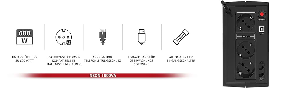 ДБЖ для ПК, ДБЖ, джерело безперебійного живлення для модемного маршрутизатора, 1000 ВА / 600 Вт, лінійна інтерактивна технологія, AVR, 3 виходи Schuko, ДБЖ 230 В 1000 ВА / 600 Вт