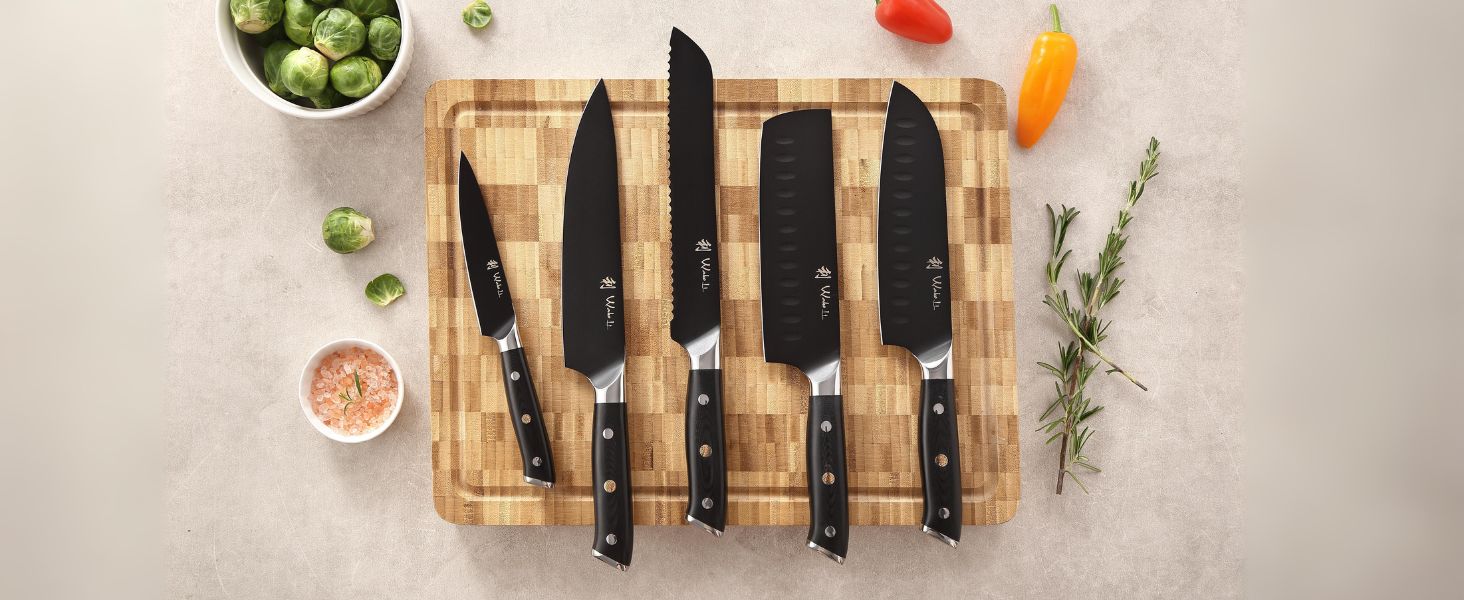 Набір кухонних ножів Wakoli Titanium Noir (5 предметів) з бруском - професійний набір кухонних ножів з титанового покриття, нержавіюча сталь, чорний колір, магнітний бруск