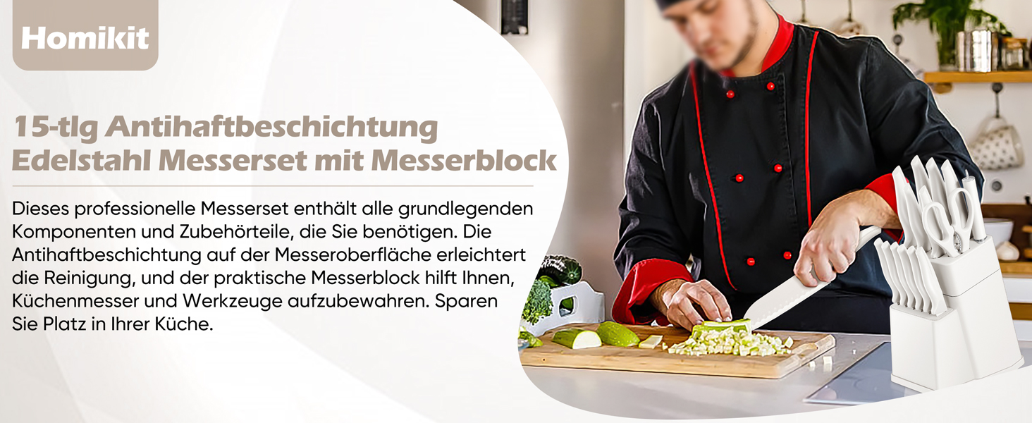 Набір кухонних ножів Homikit з підставкою, з шліфувальником, нержавіюча сталь, 6 ножів для стейку, антиковзні ручки, 15 предметів