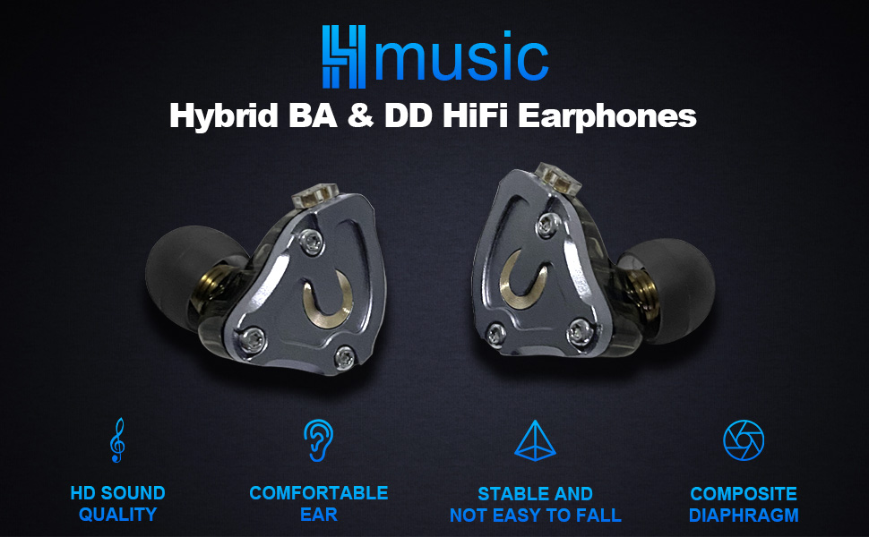 Навушники-вкладиші Hmusic IEM HiFi, драйвер Hi-Res DDBA, знімний кабель 0,78 мм 2pin, сірий