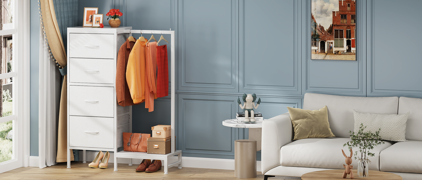 Комод 111 см з 4 висувними ящиками з тканини, полиця для одягу, білий комод для спальні, вітальні, передпокою, шафа для одягу, подарунок, 30T x 76.5B x 111H см (4 ящики), білий