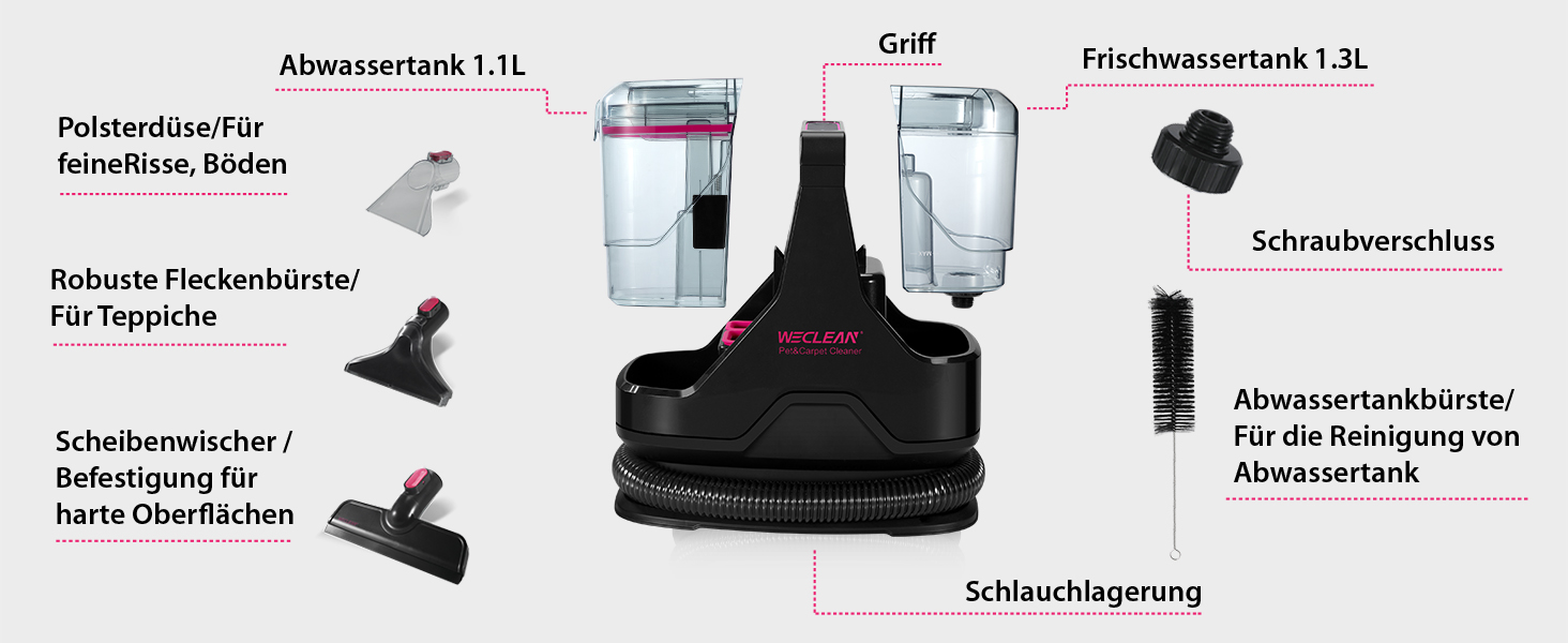 WECLEAN C3: Пилосос для миття підлоги 600W, 18kPa, для килимів, диванів, вікон, дзеркал, автомобілів (чорний/рожевий)