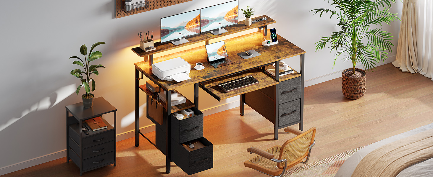 Ігровий стіл Seventable з LED підсвіткою, розетками та USB портами, шухлядами, підставкою для клавіатури та монітора (120x47x87 см, вінтажний коричневий)