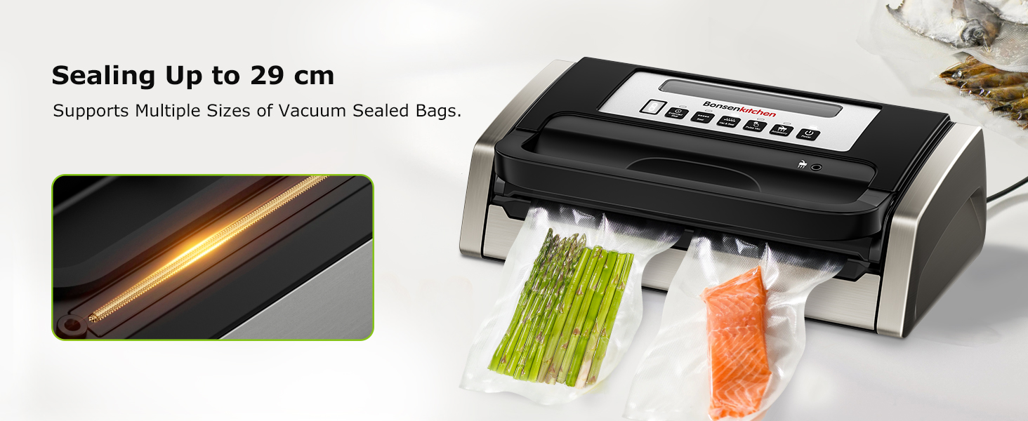 Вакууматор Bonsenkitchen для продуктів, потужний вакуумний пакувальник (15л/хв) з вбудованим різаком та ручкою-фіксатором, чорний