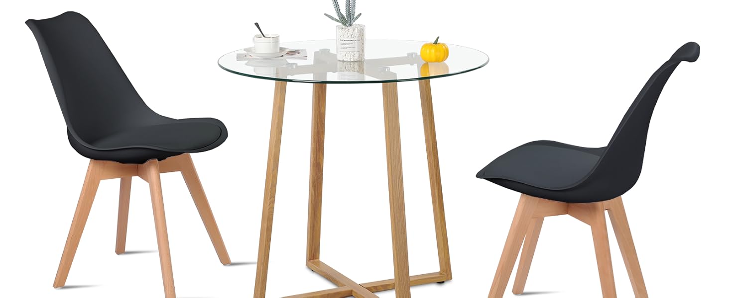 Обідній стіл HJ WeDo з 2 стільцями, круглий скляний стіл у скандинавському стилі, білий, для балкону, вітальні та їдальні