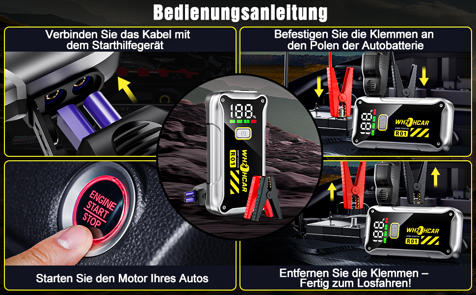 Powerbank Starthilfe 4000A: Портативний пусковий пристрій для авто 12V з LCD дисплеєм та LED ліхтариком. Підходить для бензинових (9.0L) та дизельних (7.5L) двигунів. Ідеально для SUV, мотоциклів та газонокосарок.