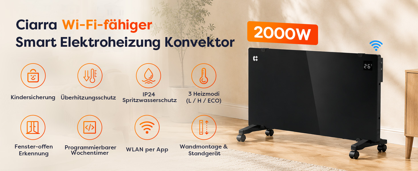 Розумний керамічний обігрівач стін CIARRA Smart WLAN 1000W (CBHX20-B), електричний настінний конвектор з керуванням через Wi-Fi