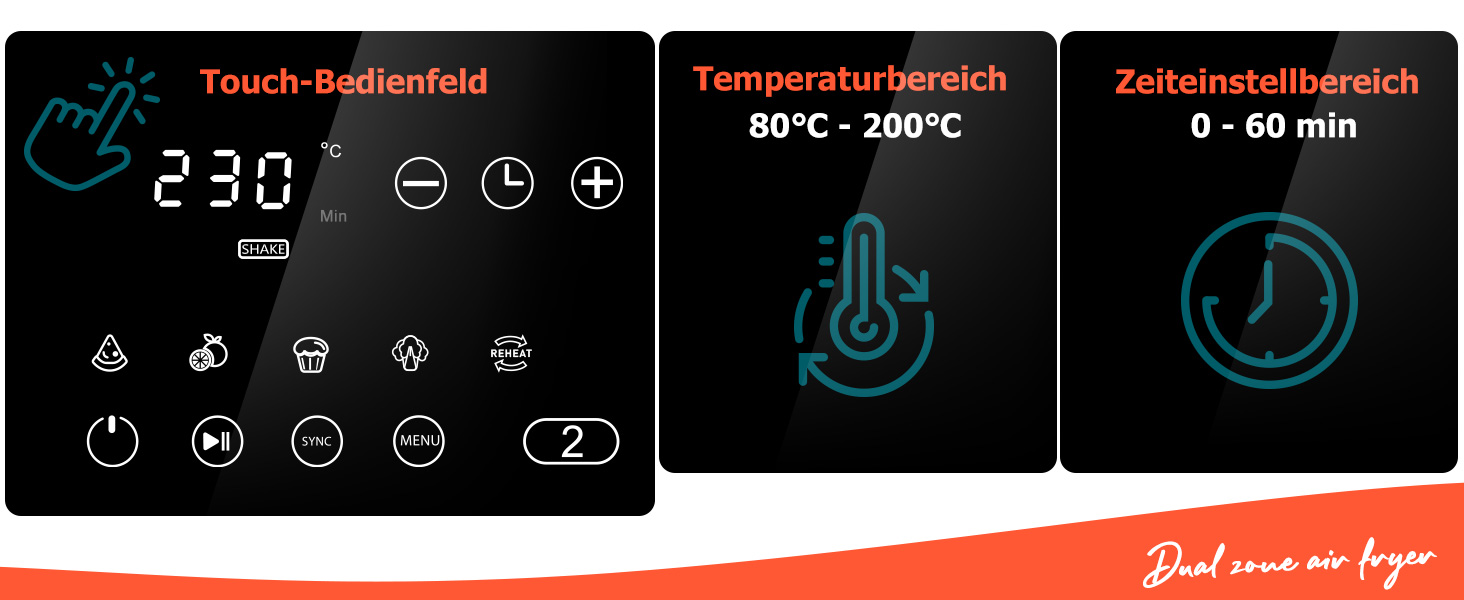 Фритюрниця повітряна 10л, 2 камери, 10-в-1, з цифровим керуванням, таймер, 40 рецептів, для 6-10 осіб