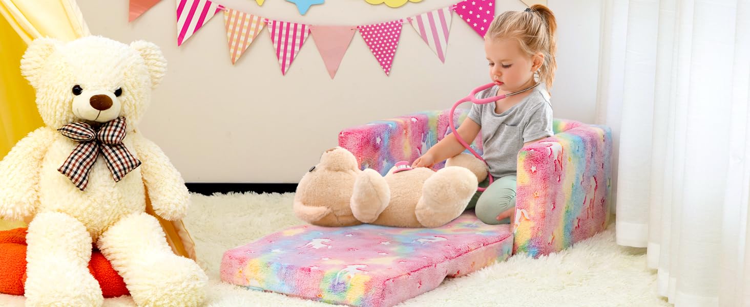 Дитяче розкладне диван-крісло BEJOY 2 в 1, Sherpa, з єдинорогами, для дитячої кімнати, подарунок на день народження, для дівчаток та хлопчиків