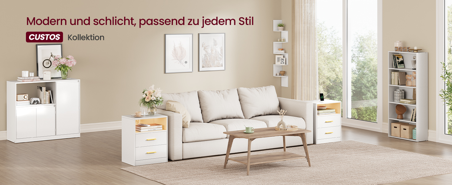 VASAGLE Custos: Набір з 2 тумбочок з LED-підсвіткою та зарядкою, білий, з шухлядами та USB-портами