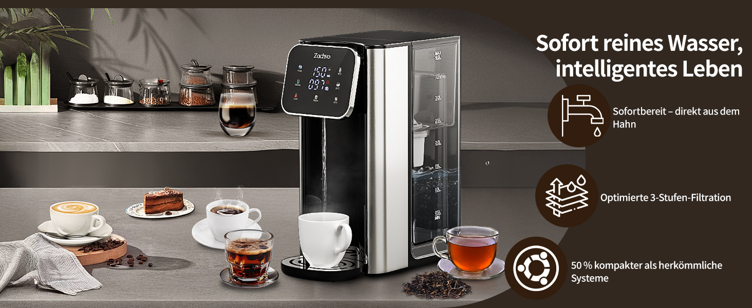 ЗACHVO Дозатор гарячої води UR05-2200W: миттєве гаряче водопостачання, 4 температурні режими, 3 об'єми, 4л бак, компактний та енергоефективний, захист від перегріву, дитячий замок, для кухні та офісу, фільтр з активованого вугілля