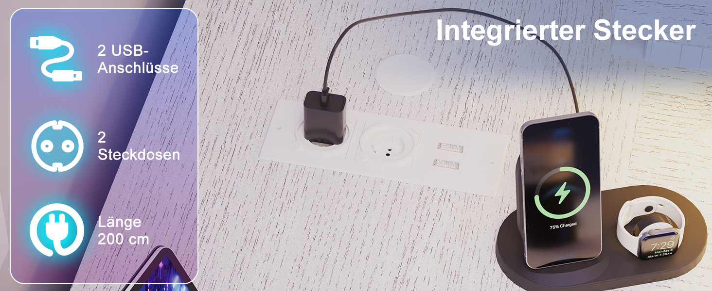 Ігровий кутовий стіл JUMMICO L-подібний 170x95 см з LED підсвіткою, регульованою підставкою під монітор, 3 шухляди, 2 розетки, 2 USB, сталевий та дерев'яний, білий