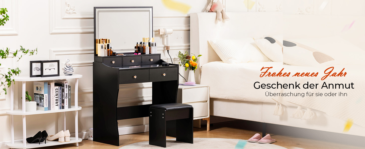 Трюмо COMHOMA з підсвічуванням, дзеркалом та прихованою LED-смугою, зі стільцем та 5 висувними ящиками, з розеткою, 3 колірні температури та регульована яскравість, білий (чорний)