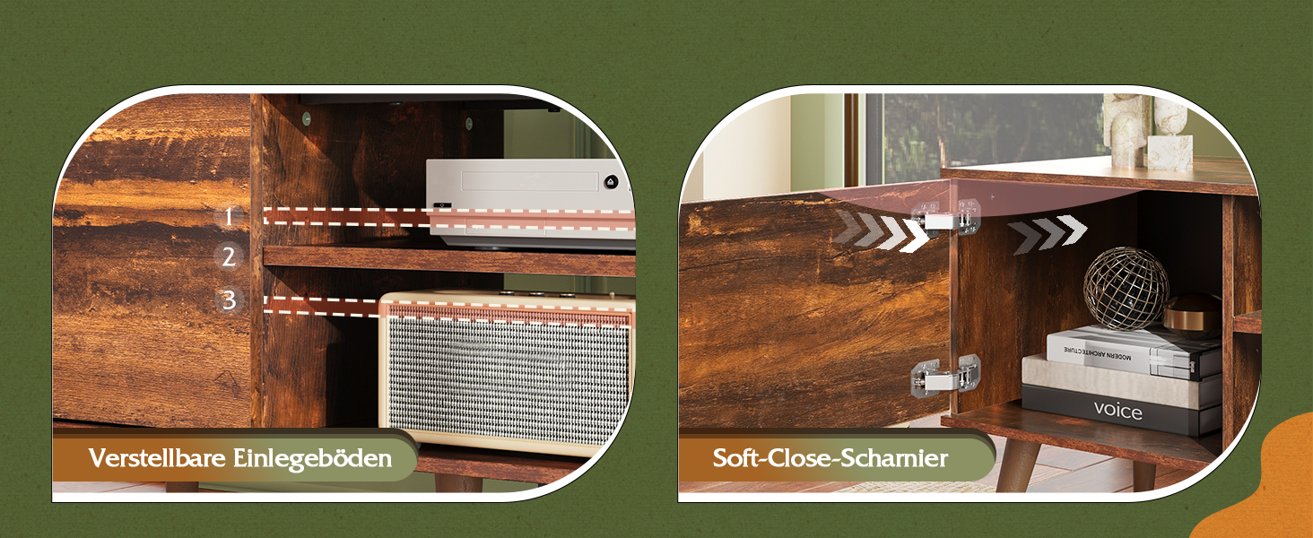 Тумба під телевізор WLIVE 160x40x47 см з двома дверцятами та відкритими полицями, вітальня, спальня, вінтажний коричнево-чорний